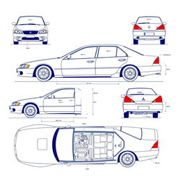 A comprehensive blueprint of the 2004 Mitsubishi Galant V4, displaying the car from all angles including front, side, rear, and top views