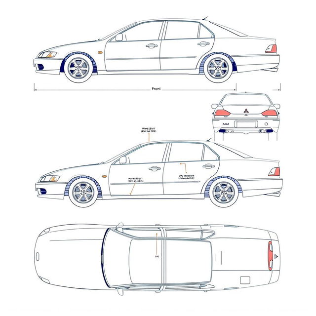 A comprehensive blueprint of the 2004 Mitsubishi Galant V4, displaying the car from all angles including front, side, rear, and top views