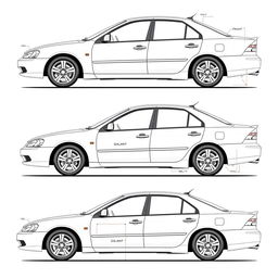 A comprehensive blueprint of the 2004 Mitsubishi Galant V4, displaying the car from all angles including front, side, rear, and top views