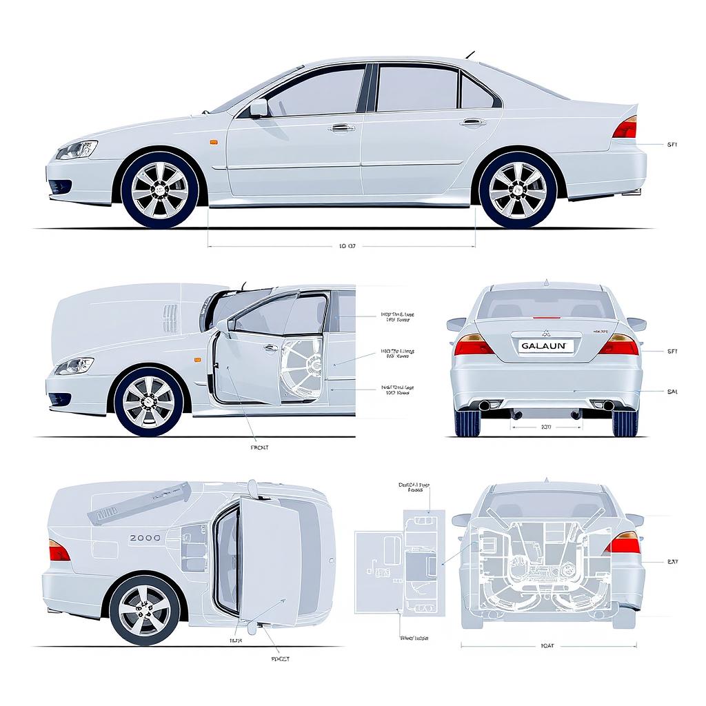 A comprehensive blueprint of the 2004 Mitsubishi Galant V4, displaying the car from all angles including front, side, rear, and top views