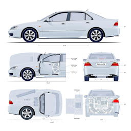 A comprehensive blueprint of the 2004 Mitsubishi Galant V4, displaying the car from all angles including front, side, rear, and top views