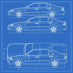 A detailed blueprint of the 2004 Mitsubishi Galant V4, showcasing the vehicle from all angles, including front, rear, left side, right side, and top views