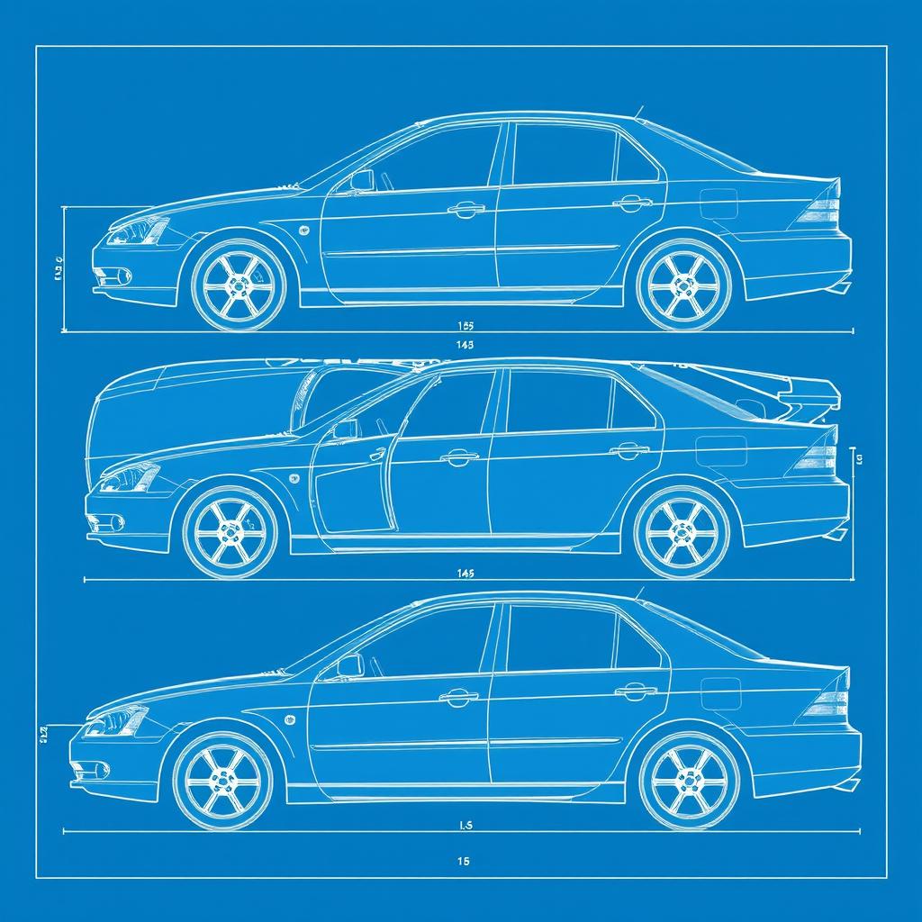 A detailed blueprint of the 2004 Mitsubishi Galant V4, showcasing the vehicle from all angles, including front, rear, left side, right side, and top views