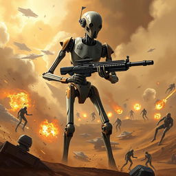 A striking illustration of a Star Wars battle droid, showcasing its iconic, slender design with articulated limbs and a robust mechanical frame