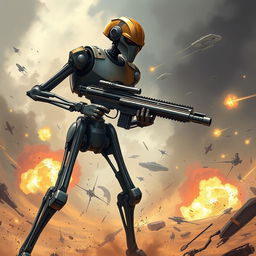 A striking illustration of a Star Wars battle droid, showcasing its iconic, slender design with articulated limbs and a robust mechanical frame