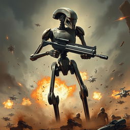 A striking illustration of a Star Wars battle droid, showcasing its iconic, slender design with articulated limbs and a robust mechanical frame