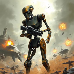 A striking illustration of a Star Wars battle droid, showcasing its iconic, slender design with articulated limbs and a robust mechanical frame