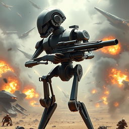 A detailed depiction of a Star Wars battle droid in a dynamic standing position, highlighting its unique and recognizable design