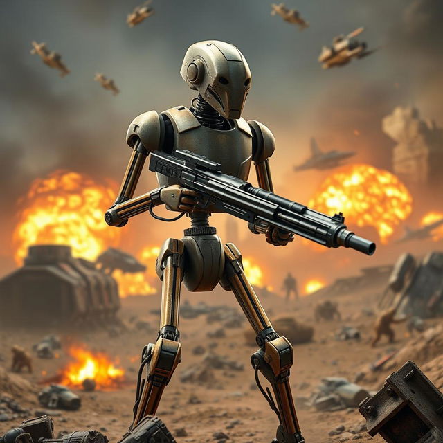 A detailed depiction of a Star Wars battle droid in a dynamic standing position, highlighting its unique and recognizable design