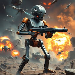 A detailed depiction of a Star Wars battle droid in a dynamic standing position, highlighting its unique and recognizable design