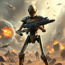 A detailed depiction of a Star Wars battle droid in a dynamic standing position, highlighting its unique and recognizable design