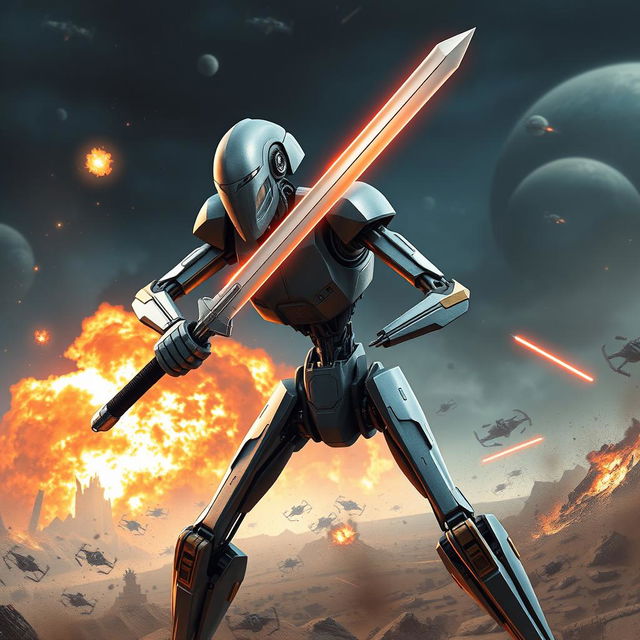 A dynamic representation of a Star Wars battle droid wielding a sword, showcasing its unique design in a fierce combat pose