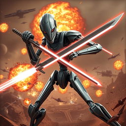 A dynamic representation of a Star Wars battle droid wielding a sword, showcasing its unique design in a fierce combat pose