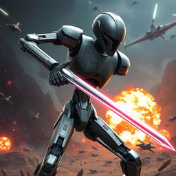 A dynamic representation of a Star Wars battle droid wielding a sword, showcasing its unique design in a fierce combat pose