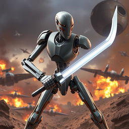 A dynamic representation of a Star Wars battle droid wielding a sword, showcasing its unique design in a fierce combat pose