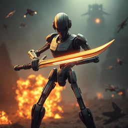 A captivating image of a battle droid wielding a sword, set against a dynamic backdrop of an alien battlefield