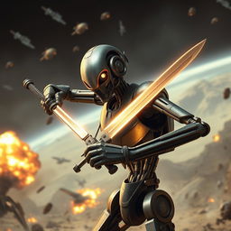 A captivating image of a battle droid wielding a sword, set against a dynamic backdrop of an alien battlefield