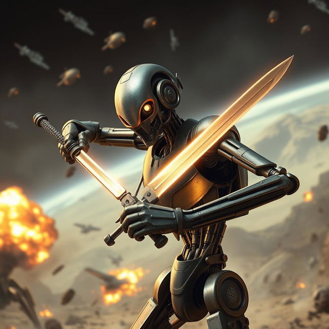 A captivating image of a battle droid wielding a sword, set against a dynamic backdrop of an alien battlefield