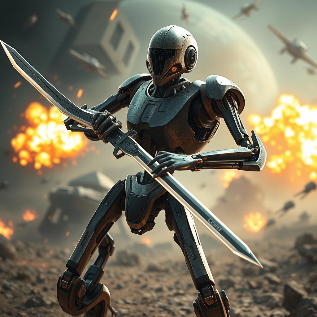 A captivating image of a battle droid wielding a sword, set against a dynamic backdrop of an alien battlefield