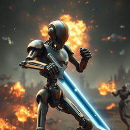 A captivating image of a battle droid wielding a sword, set against a dynamic backdrop of an alien battlefield