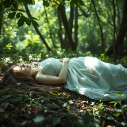 A serene and ethereal scene of an unconscious female figure resting peacefully in a lush forest, surrounded by dappled sunlight filtering through the leaves