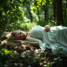 A serene and ethereal scene of an unconscious female figure resting peacefully in a lush forest, surrounded by dappled sunlight filtering through the leaves