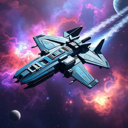 A striking image of a futuristic space gunship soaring through the cosmos, designed with sleek aerodynamic lines and a robust frame