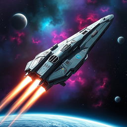A striking image of a futuristic space gunship soaring through the cosmos, designed with sleek aerodynamic lines and a robust frame