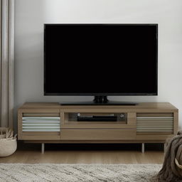 A modern and stylish television unit in a contemporary living space with ample storage. Features clean lines, wood material and shiny steel details.