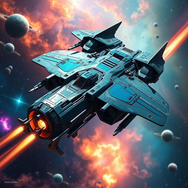 A striking image of a futuristic space gunship soaring through the cosmos, designed with sleek aerodynamic lines and a robust frame