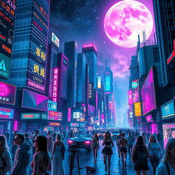 A stunning cyberpunk cityscape at night, filled with vibrant neon lights illuminating futuristic skyscrapers