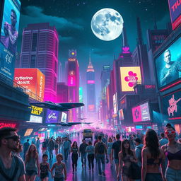 A stunning cyberpunk cityscape at night, filled with vibrant neon lights illuminating futuristic skyscrapers