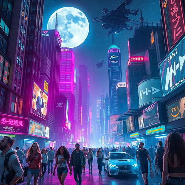 A stunning cyberpunk cityscape at night, filled with vibrant neon lights illuminating futuristic skyscrapers