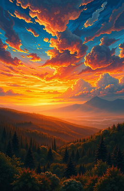 A stunning illustration depicting a dramatic sky filled with vibrant colors transitioning from deep blues to fiery oranges at sunset, against a backdrop of a vast wilderness