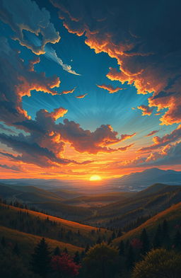 A stunning illustration depicting a dramatic sky filled with vibrant colors transitioning from deep blues to fiery oranges at sunset, against a backdrop of a vast wilderness