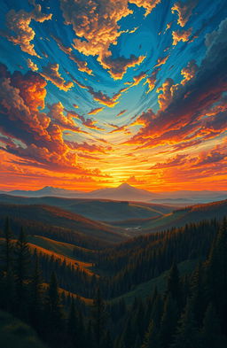 A stunning illustration depicting a dramatic sky filled with vibrant colors transitioning from deep blues to fiery oranges at sunset, against a backdrop of a vast wilderness