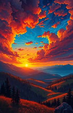 A stunning illustration depicting a dramatic sky filled with vibrant colors transitioning from deep blues to fiery oranges at sunset, against a backdrop of a vast wilderness