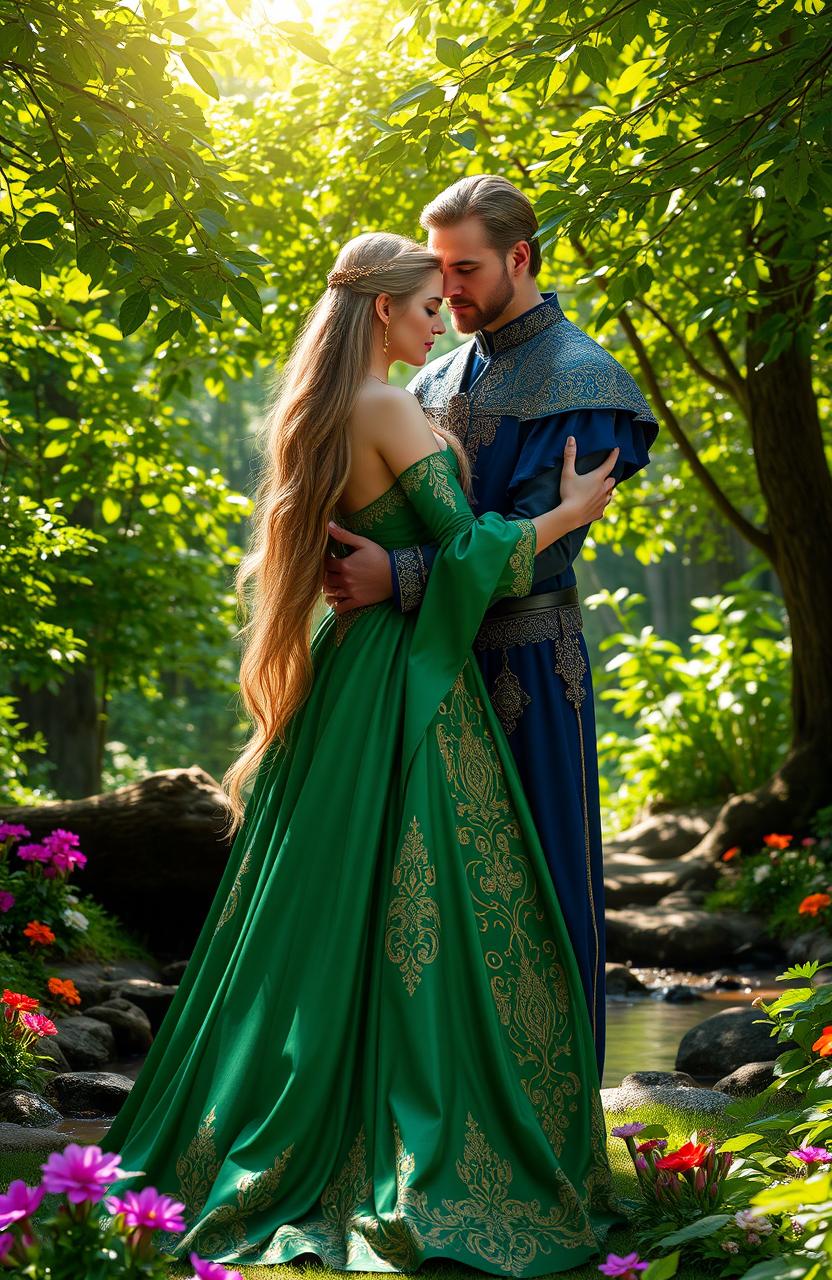 A majestic king and queen embracing tenderly in a vibrant forest