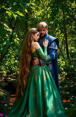 A majestic king and queen embracing tenderly in a vibrant forest