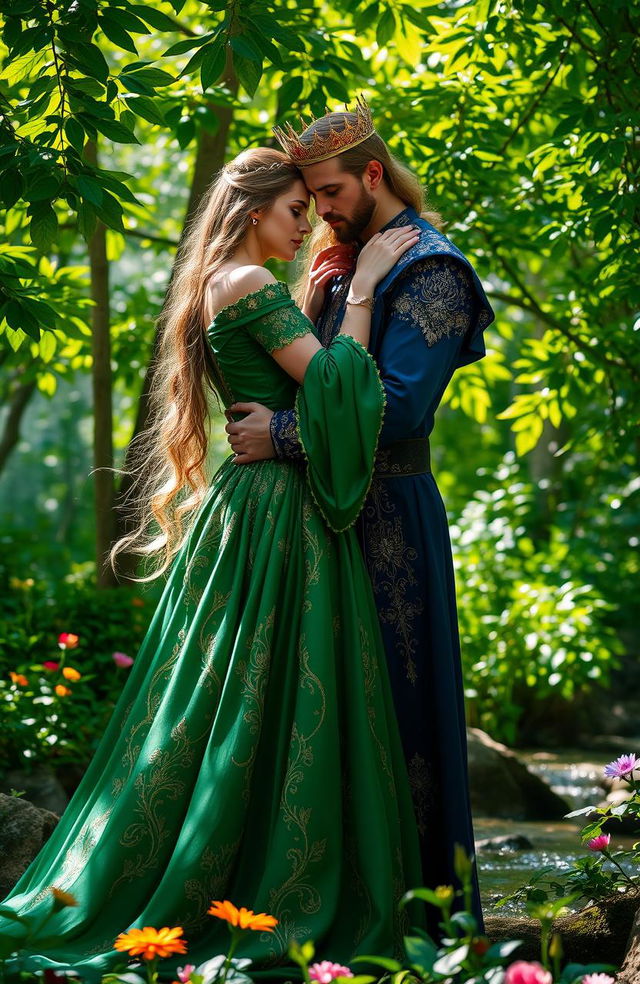 A majestic king and queen embracing tenderly in a vibrant forest