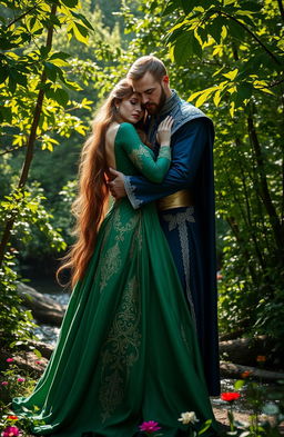 A majestic king and queen embracing tenderly in a vibrant forest