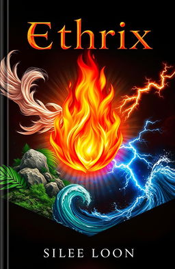 A captivating book cover for 'Ethrix', featuring a central, mesmerizing flame representing the element of fire