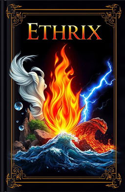 A captivating book cover for 'Ethrix', featuring a central, mesmerizing flame representing the element of fire