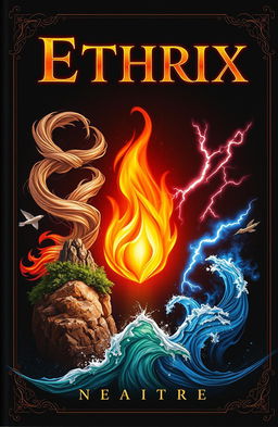 A captivating book cover for 'Ethrix', featuring a central, mesmerizing flame representing the element of fire