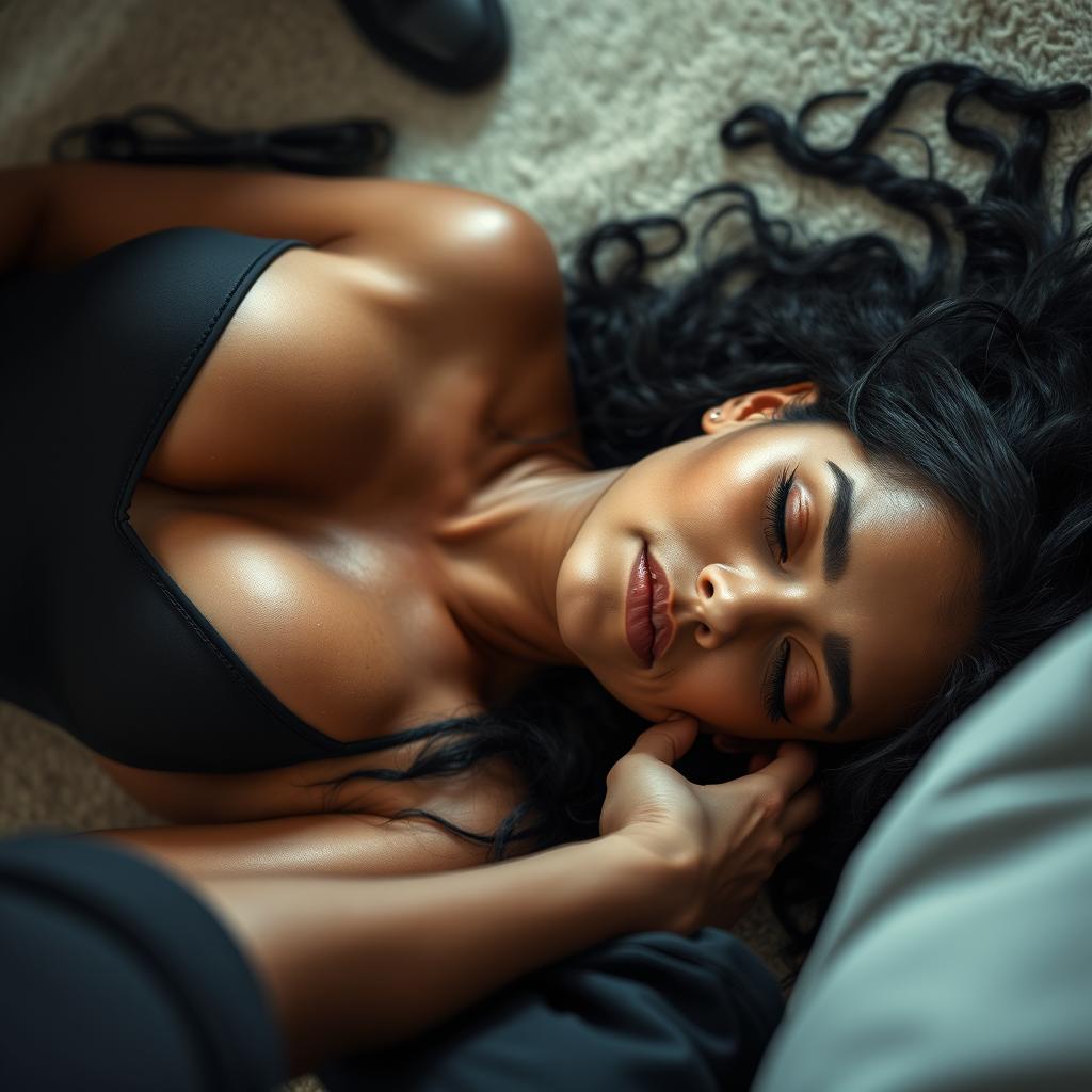 A stunning young woman with light brown, smooth skin and long, flowy black curly hair, lying unconscious on the ground