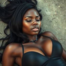 A stunning young woman with ebony skin, smooth and radiant, and long, flowy black curly hair, lying unconscious on the ground