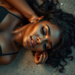 A stunning young woman with ebony skin, smooth and radiant, and long, flowy black curly hair, lying unconscious on the ground