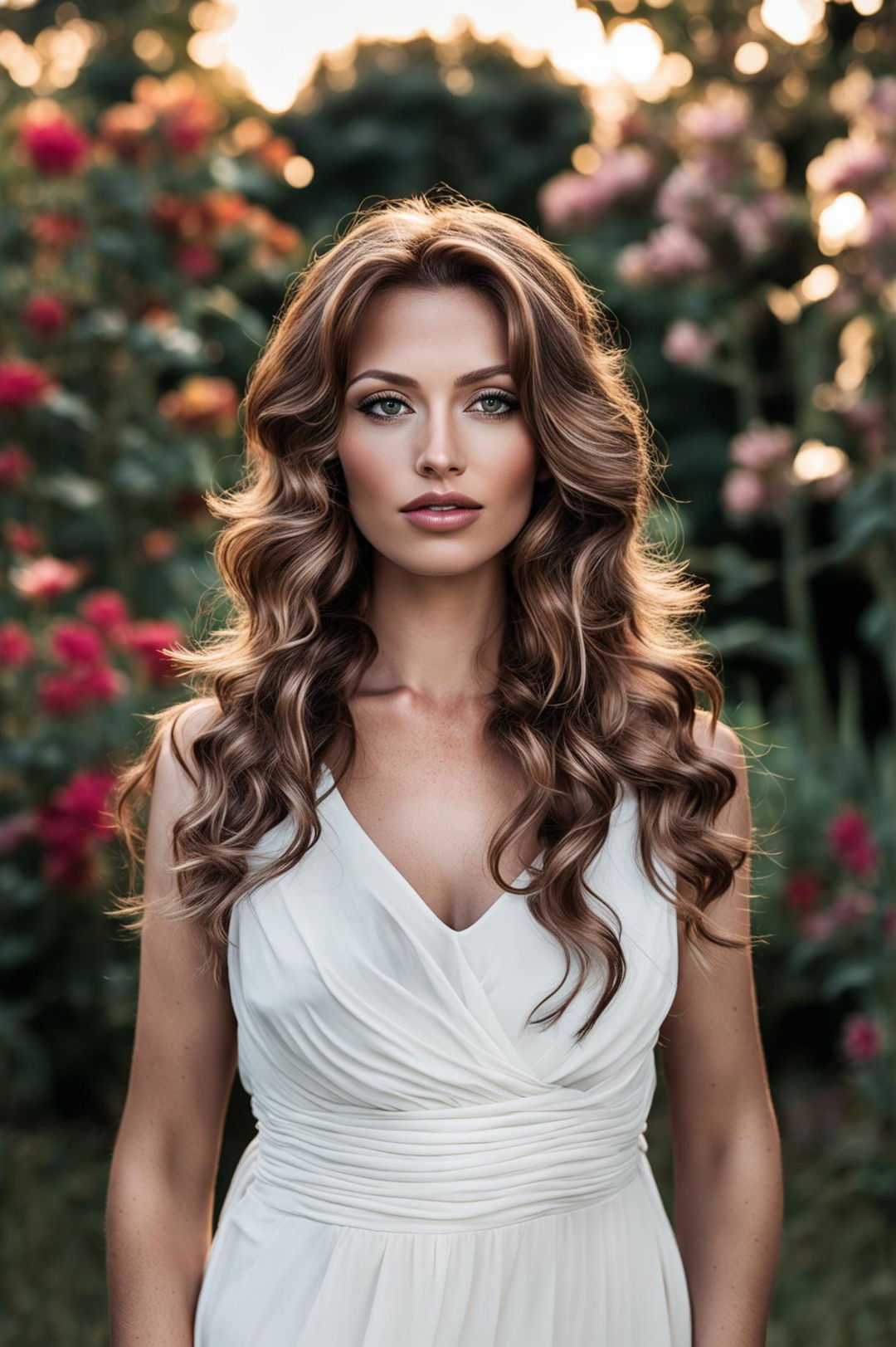 A photograph of a beautiful woman with chestnut hair and green eyes, dressed in an elegant white dress against a blurred garden backdrop during golden hour