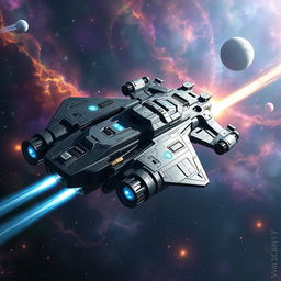 A visually striking depiction of a futuristic space gunship navigating through the cosmos