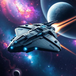 A visually striking depiction of a futuristic space gunship navigating through the cosmos